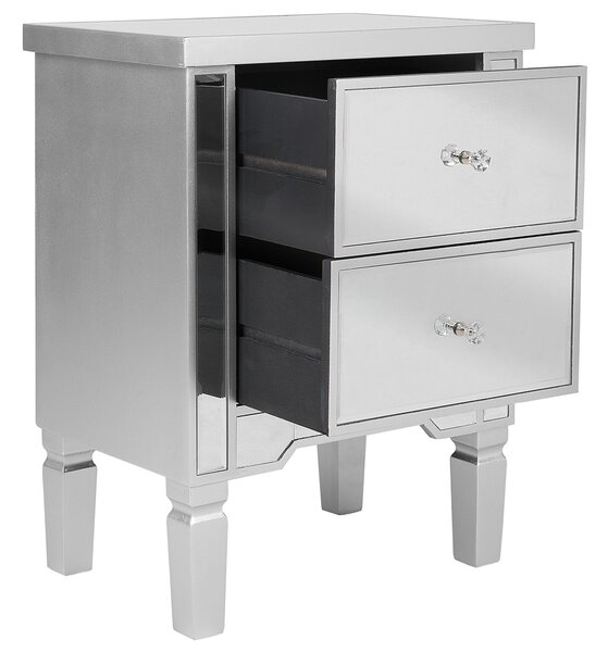 Nočný stolík strieborný sklo MDF zrkadlový povrch 2 zásuvky úložný priestor moderný glamour štýl spálňa