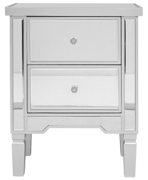 Nočný stolík strieborný sklo MDF zrkadlový povrch 2 zásuvky úložný priestor moderný glamour štýl spálňa