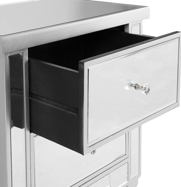 Nočný stolík strieborný sklo MDF zrkadlový povrch 2 zásuvky úložný priestor moderný glamour štýl spálňa