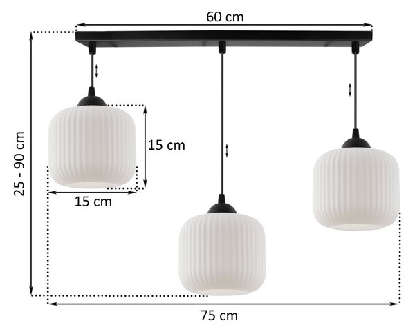 Závesné svietidlo Riffle, 3x biele sklenené tienidlo, b
