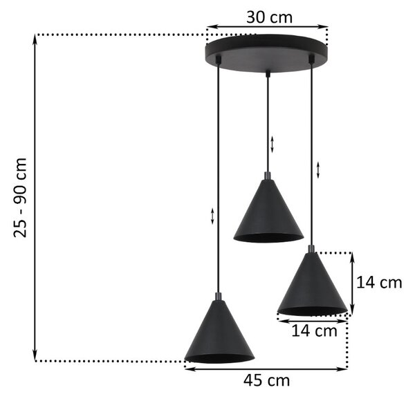 Závesné svietidlo Soho, 3x čierne kovové tienidlo, (fi 14cm), o