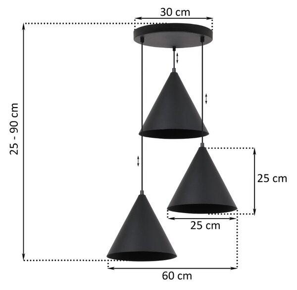 Závesné svietidlo Soho, 3x čierne kovové tienidlo, (fi 25cm), o