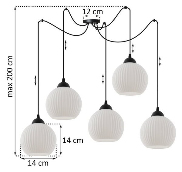 Závesné svietidlo Riffle Round Spider, 5x biele sklenené tienidlo, b