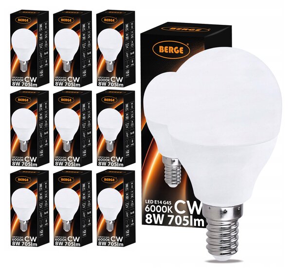 BERGE 10x LED žiarovka g45 E14 8W 705lm studená biela 6000k