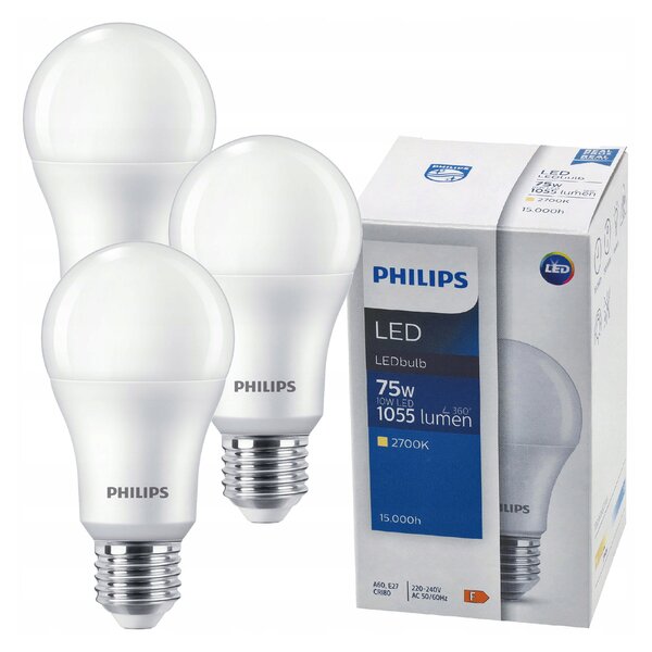 3x LED žiarovka PHILIPS E27 10W 1055lm 2700k výkonná eyecomfort