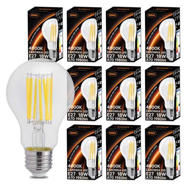BERGE 10x LED žiarovka E27 18W 1980lm 4000k vláknová dekoratívna retro