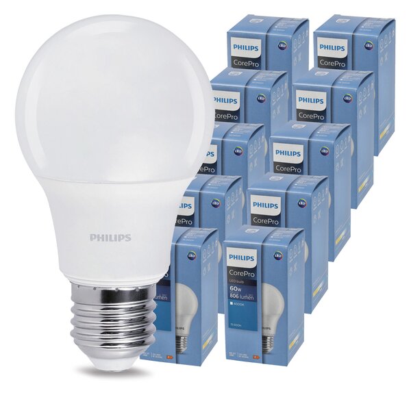 10x LED žiarovka PHILIPS E27 8W a60 – studená farba 6500k corepro premium