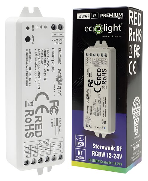 ECOLIGHT Ovládač RGBW LED pásikov 16A 12-24V Rádiový 4-kanálový 1zónový IP20