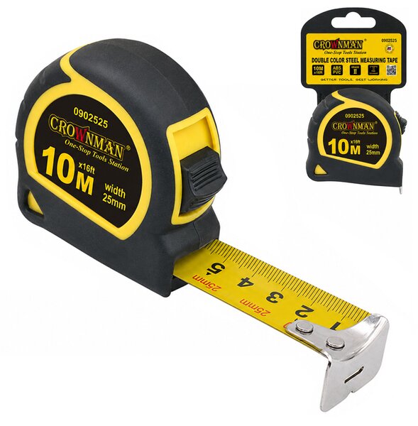 CROWNMAN Univerzálny oceľový meter s uzamykateľnou páskou 10 m, 25 mm, háčik