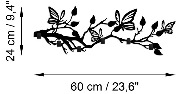 Wallity Nástenný kovový vešiak Motýľ 60 cm čierny