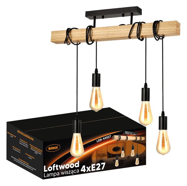 BERGE LED stropná lampa, drevená, nastaviteľná, 4xE27, závesná, vysoká kvalita