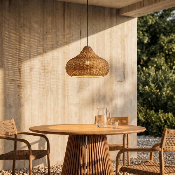 Lucande vonkajšia závesná lampa Taniola, 1-pl., béžová, ratan, IP44, Svetlé drevo, Drevo, Vidiecky / Rustikálny, Závesné svietidlo