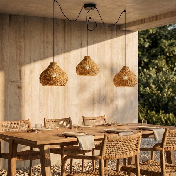 Vonkajšia závesná lampa Lucande Taniola, 3-pl., béžová, ratan, IP44, Svetlé drevo, Drevo, Vidiecky / Rustikálny, Závesné svietidlo