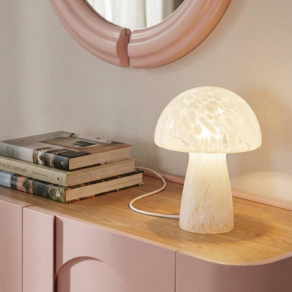 Lindby Stolná lampa Hubi, biela, sklo, Ø 22 cm, tvar hríbu, Biela / opálová, Obývacia izba / jedáleň, Sklo, Moderný, Stojacie svietidlo