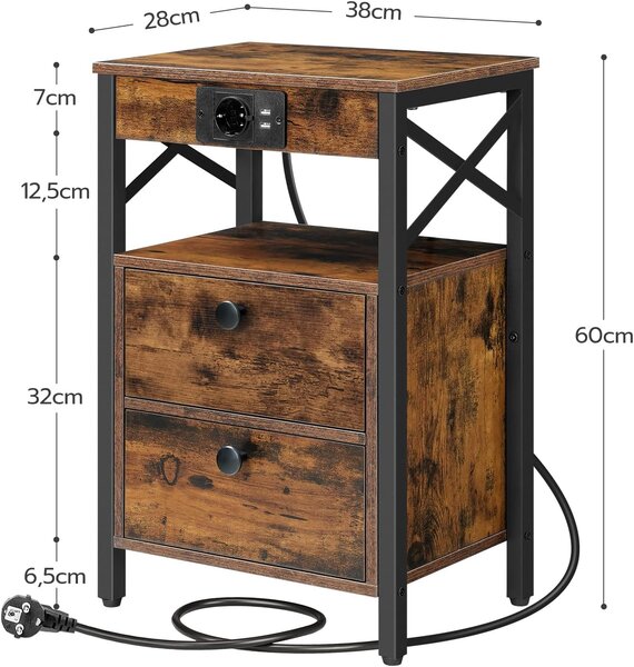 Nočný stolík Vasagle Zrava s nabíjacou stanicou 60 cm hnedý/čierny