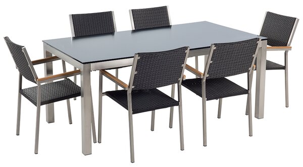 Záhradná jedálenská súprava čierny sklenený stôl 180 x 90 cm 6 čiernych ratanových stoličiek
