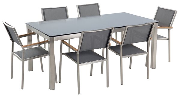 Záhradná jedálenská súprava čierny sklenený stôl 180 x 90 cm 6 sivých textilných stoličiek