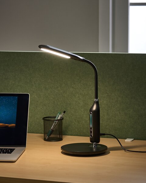 LED stolová lampa čierna syntetický materiál kancelárska lampa s nastaviteľným ramenom a stmievačom