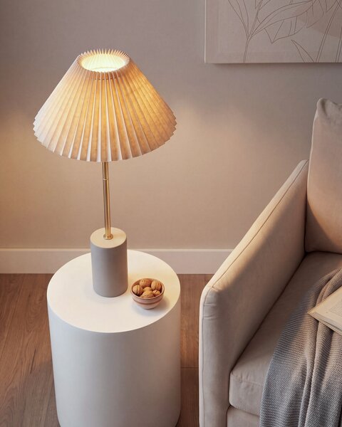 Stolná nočná lampa béžová ľanové tienidlo kovový betónový podstavec 68 cm moderný štýl obývacia izba spálňa
