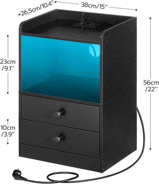 VASAGLE Nočný stolík Silven 38 cm s LED osvetlením a nabíjacou stanicou čierny