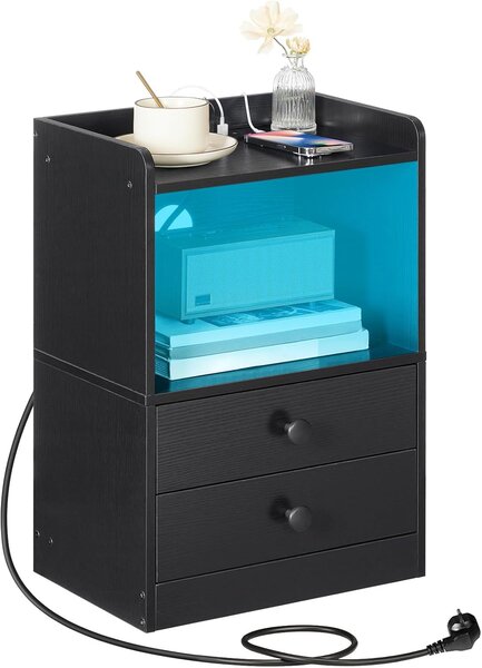 VASAGLE Nočný stolík Silven 38 cm s LED osvetlením a nabíjacou stanicou čierny