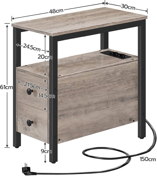 Nočný stolík Vasagle Drill 30 cm s nabíjacou stanicou sivý/čierny