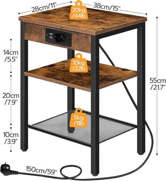 Nočný stolík Vasagle Harby 38 cm s nabíjacou stanicou čierny/hnedý