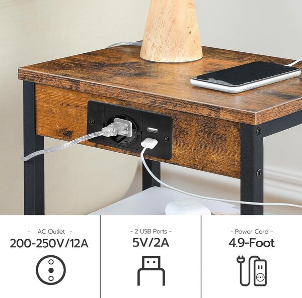 Nočný stolík Vasagle Harby 38 cm s nabíjacou stanicou čierny/hnedý