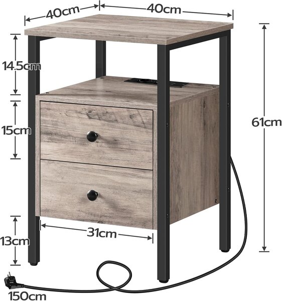 Nočný stolík Vasagle Jungo 40 cm s nabíjacou stanicou sivý/čierny