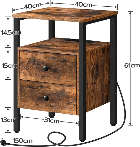 Nočný stolík Vasagle Jungo 40 cm s nabíjacou stanicou hnedý/čierny