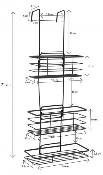 Erga Rafek, trojitá kúpeľňová polička do sprchy na zavesenie 30x12,5x71 cm, čierna matná, ERG-YKA-CH.RAFEK-BLK
