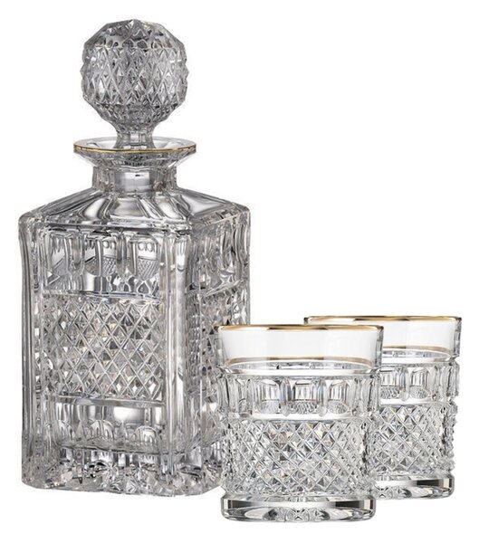 Bohemia Crystal ručne brúsený whisky set Felicie Line Gold (1 karafa + 2 whisky poháre)