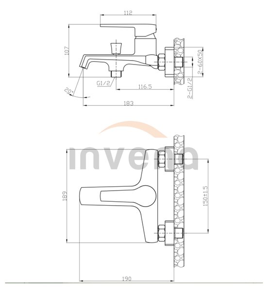 Invena Fira, nástenná vaňová batéria, čierna matná, BW-71-004-V