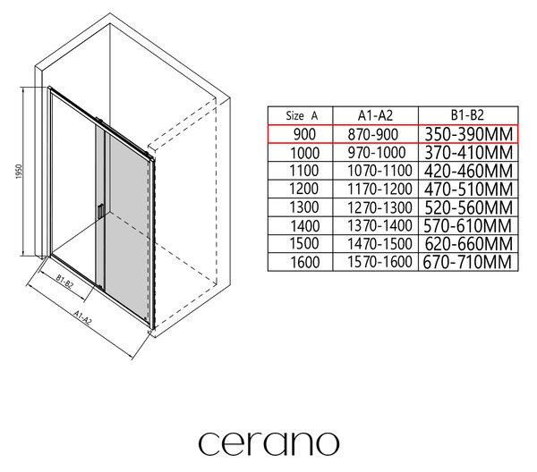 CERANO - Sprchovací kút Varone LINE Ľ/P - 6 mm - čierna matná, transparentné sklo - 90x70x195 cm - posuvný