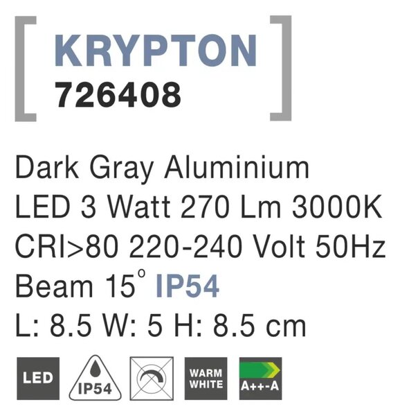 Vonkajšie LED svietidlo Krypton B 85 tmavo sivé – Sivá