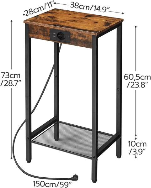 Odkladací stolík Vasagle Gravira 38 cm s nabíjacou stanicou čierny/hnedý