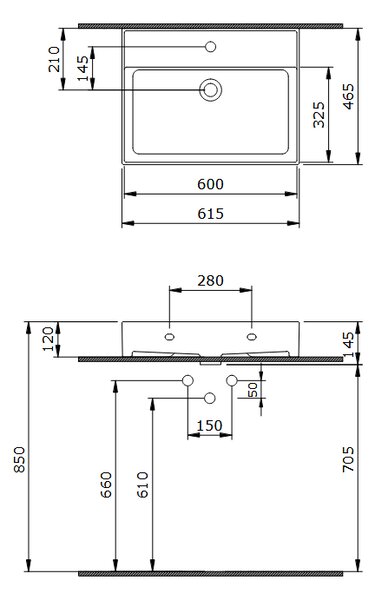 Bocchi Dura - Umývadlo 600x470 mm, s prepadom, s otvorom pre batériu, biela lesklá