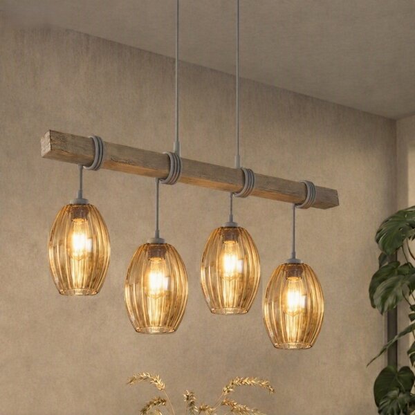 Brilagi - Závesný luster na lanku WOOD GLASS 4xE27/60W/230V borovica/šedá/dymovo-hnedá