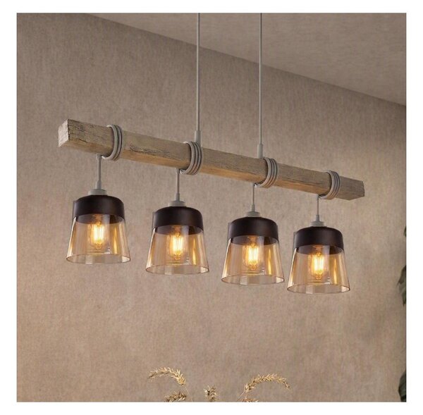 Brilagi - Luster na lanku WOOD GLASS 4xE27/60W/230V borovica/šedá/dymovo-hnedá