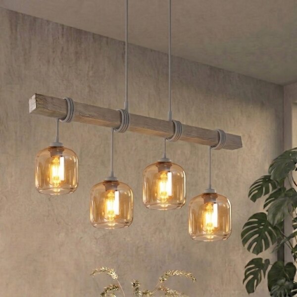 Brilagi - Luster na lanku WOOD GLASS 4xE27/60W/230V borovica/sivá/dymovo-hnedá