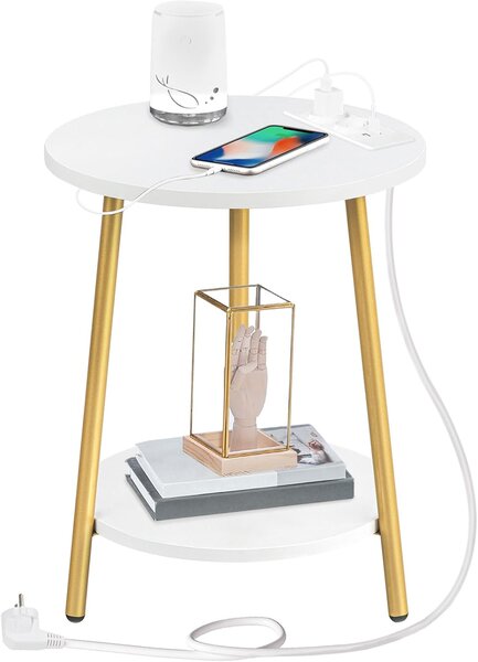 Okrúhly odkladací stolík Vasagle Luretta 40 cm s nabíjacou stanicou biely/zlatý