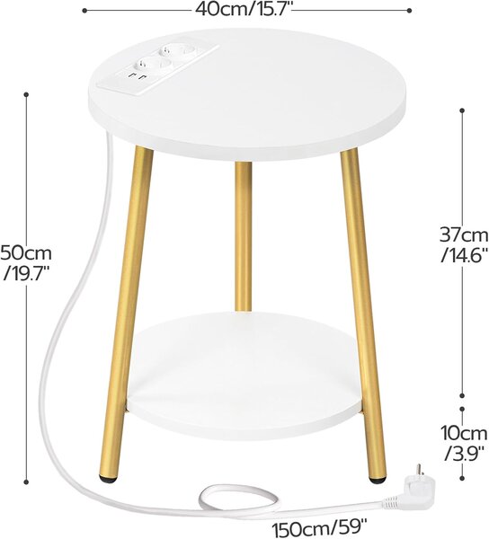 Okrúhly odkladací stolík Vasagle Luretta 40 cm s nabíjacou stanicou biely/zlatý