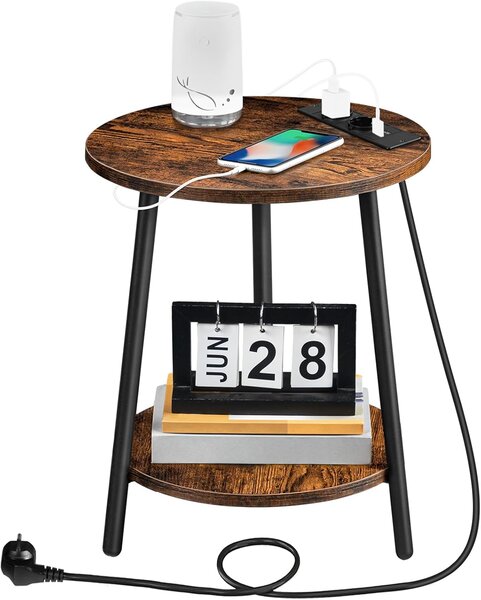 Okrúhly odkladací stolík Vasagle Leky 40 cm s nabíjacou stanicou hnedý/čierny