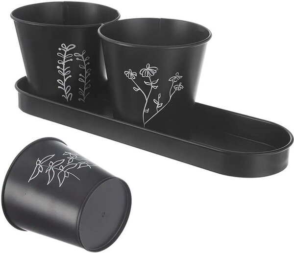 Black kvetináč na bylinky Ø 11 cm + podnos, kov ORION 310628