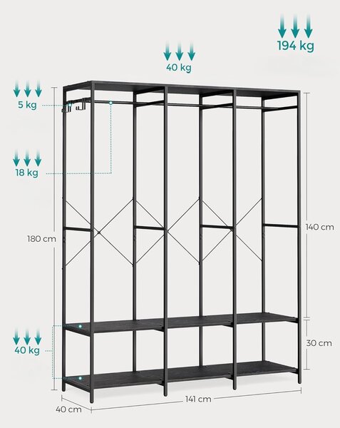 SONGMICS Otvorená šatníková skriňa Wigo 141 cm čierna