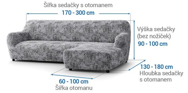 Bielastické poťahy MARMO šedé sedačka s otomanom vpravo (š. 170 - 300 cm)