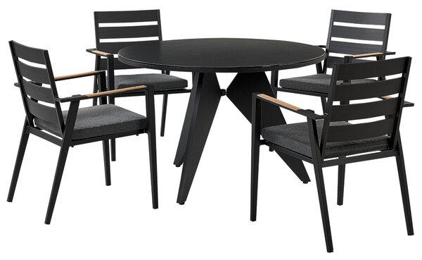 Vonkajšia jedálenská súprava Čierna hliníková, 4-miestny okrúhly stôl, 110 cm lamelové stoličky so sivými podložkami