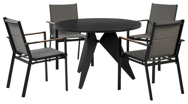 Vonkajšia jedálenská súprava Čierna hliníková 4-miestny okrúhly stôl 110 cm čalúnené stoličky so sivými podložkami