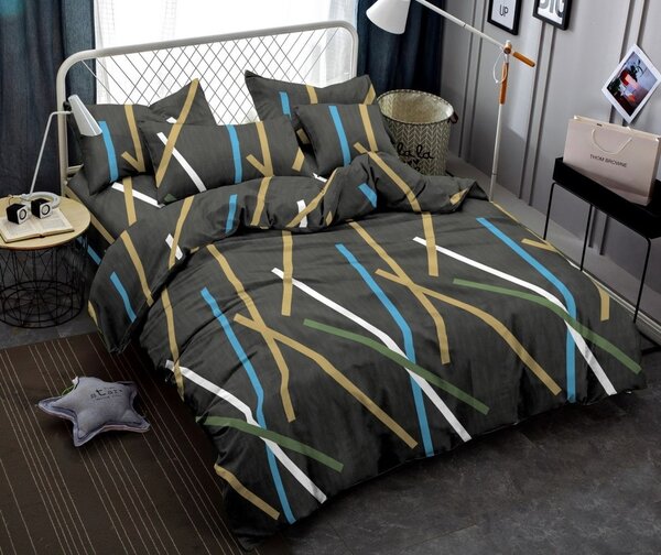 Moderné grafitové posteľné obliečky s farebnými pruhmi 140 x 200 cm 200 x 220 cm, 2ks - 70 x 80 cm vankúš