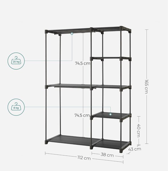 SONGMICS Otvorená šatníková skriňa PLUMB 112 cm čierna